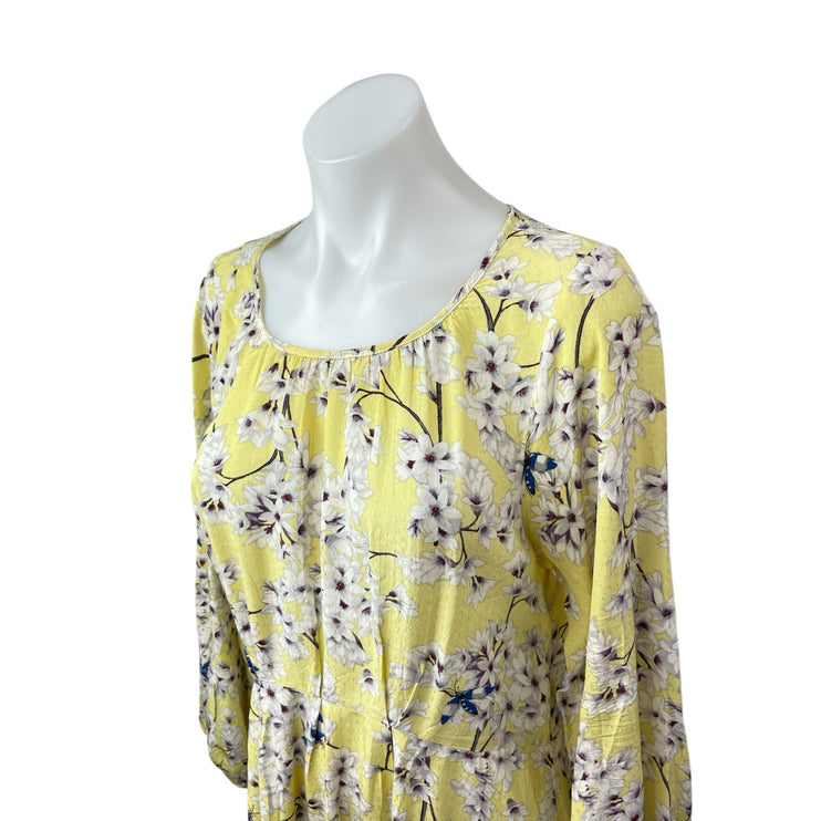 Anna Glover x H&M Yellow Floral Long Sleeve Scoop Neck A Line Midi Dress Size 4