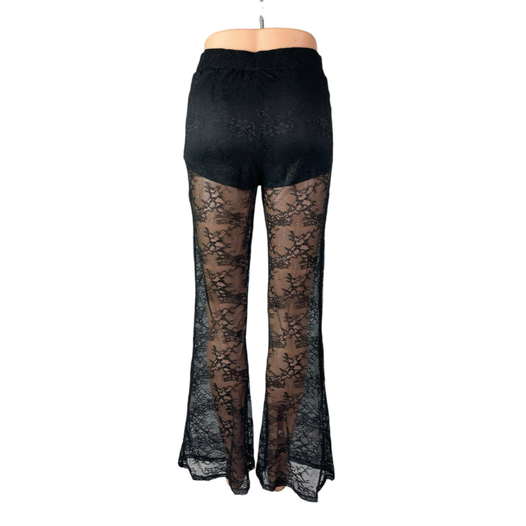 12Th Tribe Women's Black Mesh Sheer Floral Lace Flared Trousers Pants Size XS