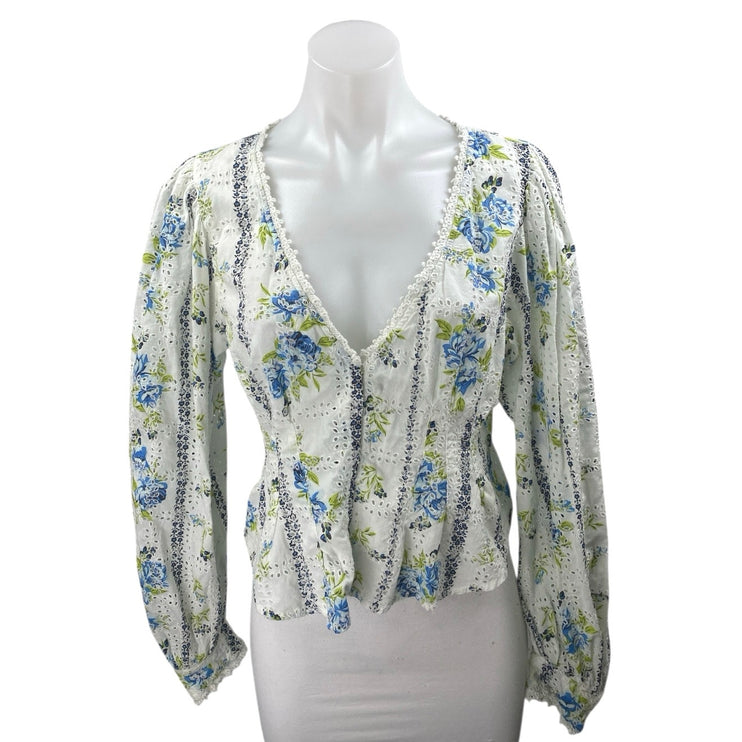 Free People Blossom Multicolor Floral Eyelet V-neck Puff Sleeve Blouse Top Sz M