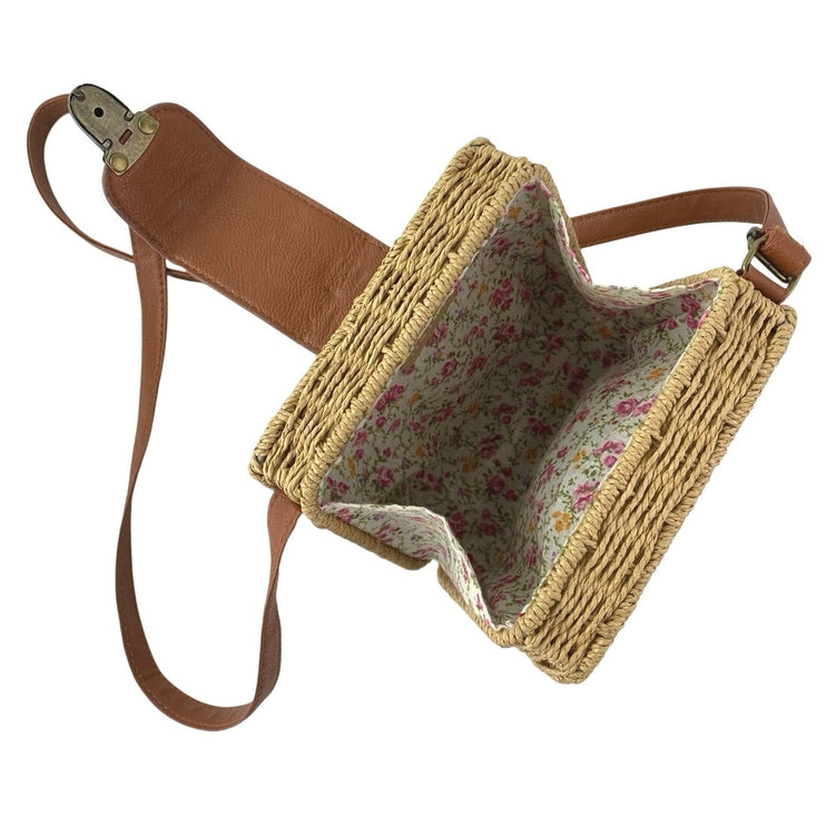 Hoxis Tan Floral Lined Straw Woven Rattan Square Crossbody Boho Bag Handbag OS