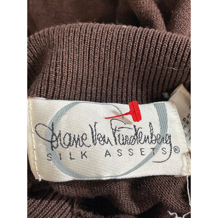 Diane Von Furstenberg Silk Asset Brown 100% Silk Sleeveless Turtleneck Sweater M