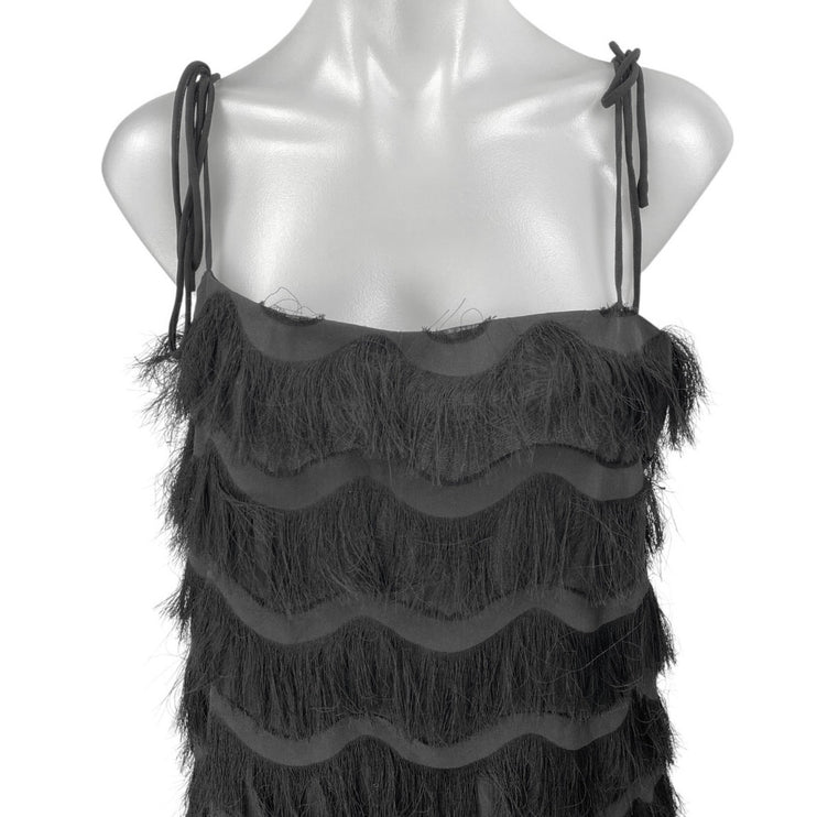 Zara Black Sleeveless Tie Strap Fringe Tiered Cami Tank Mini Shift Dress Size L