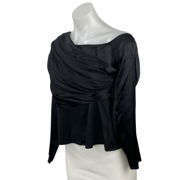 NEW L'Agence Women's Black Silk Satin Draped Long Sleeve Blouse Top Size L