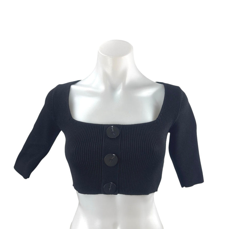 Zara Women's Black Ribbed Knit Half Sleeve Square Neck Button Crop Top Size S