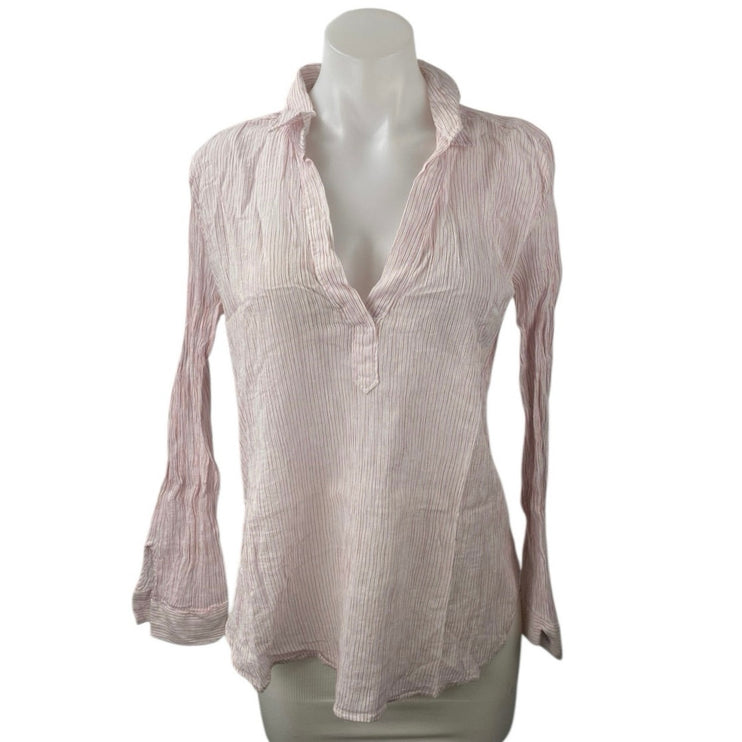 LOFT Womens Pink Striped V-Neck Collar Long Sleeve Sheer Shirt Blouse Top Size M