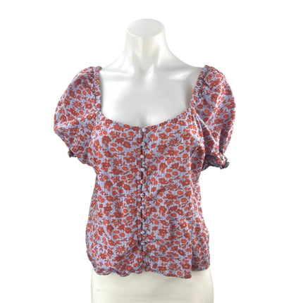 Madewell Women's Multicolor Floral Smocked Short Sleeve Button Up Blouse Top 8