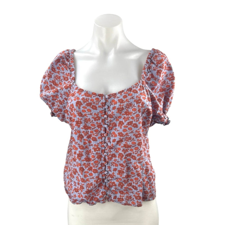 Madewell Women's Multicolor Floral Smocked Short Sleeve Button Up Blouse Top 8