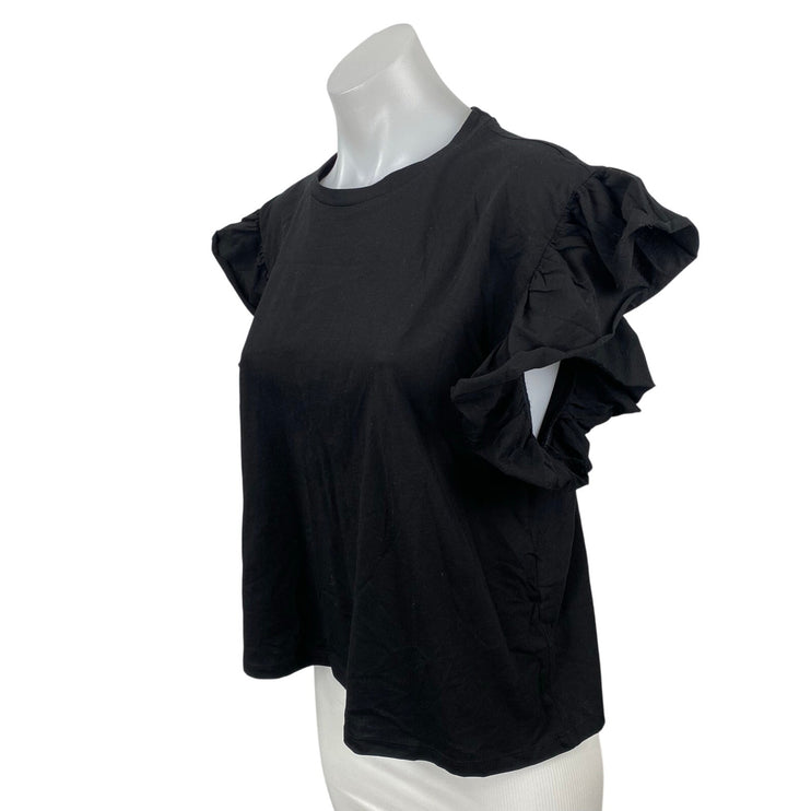 NEW Zara Women's Black Round Neck Ruffle Flutter Sleeve T-Shirt Blouse Top Sz M
