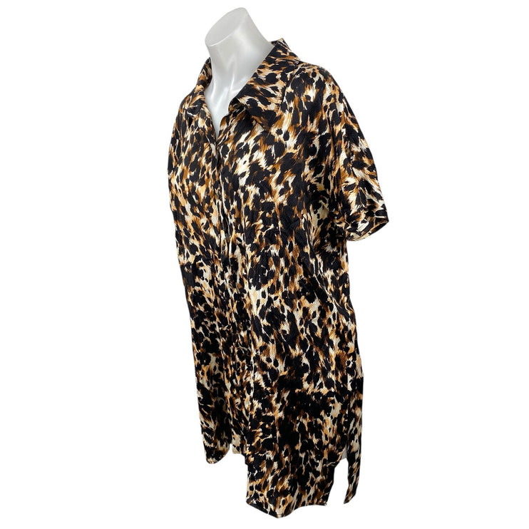 St. John Brown Silk Animal Print Collar Short Sleeve Mini Sheath Shirt Dress 10