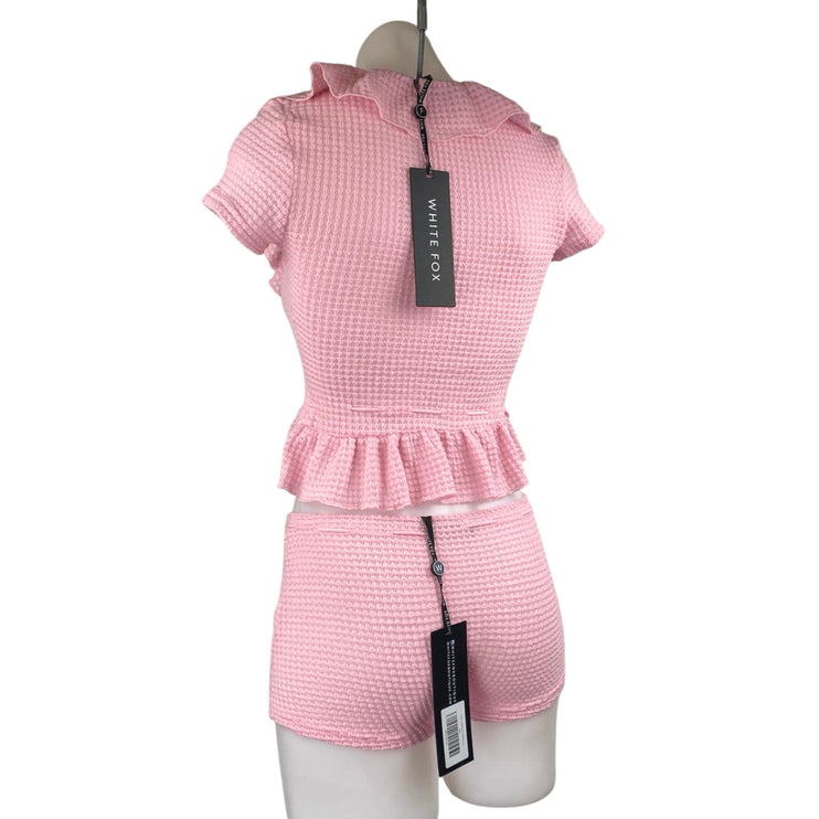 NEW White Fox Pink Crochet Ruffle Tie Front Peplum Crop Top & Mini Shorts Set XS