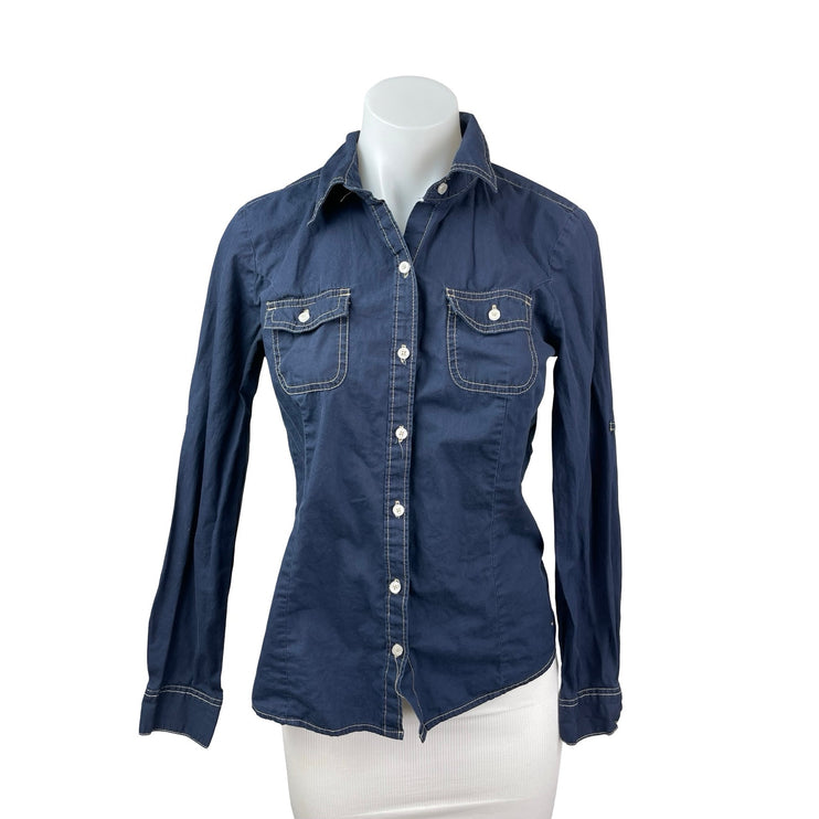 Tommy Hilfiger Women's Blue Dark Wash Long Sleeve Button Up Denim Jean Shirt S