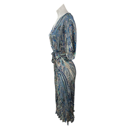 Ba&sh Blue Paisley Print Half Sleeve V Neck Tie Waist A Line Midi Dress Size XS
