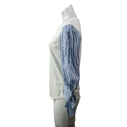 Cinq a Sept Carlie White Blue 3/4 Striped Puff Sleeves Boho Shirt Blouse Top M