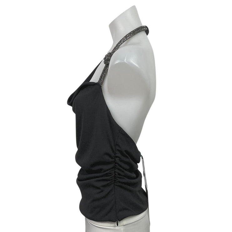 NEW Zara Black Halter Cowl Neck Silver Glitter Strap Open Back Blouse Top Size S
