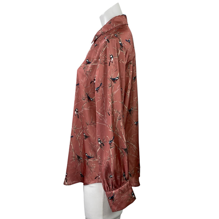 Zara Womens Brown Silky Satin Bird Print Long Sleeve Button Down Shirt Top Sz XL