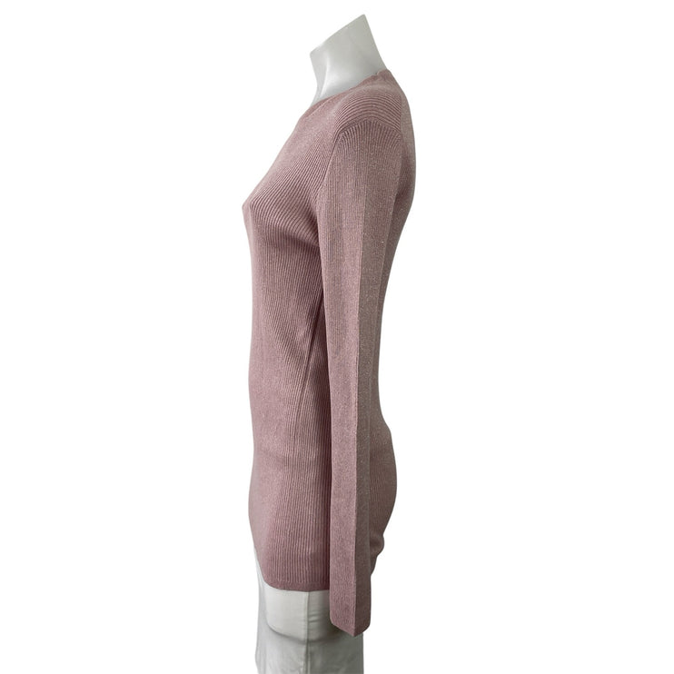 Prada Womens Pink Wool Silk Blend Metallic Rib Knit Long Sleeve Sweater Top 46