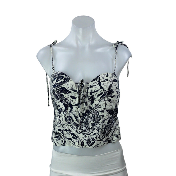 Adong Silk Women White Black Floral Tie Strap Sleeveless Bustier Crop Top Size S