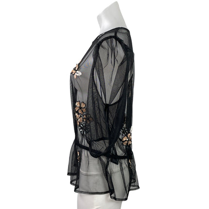 By Anthropologie Black Floral Embellished Sequin Sheer Mesh Peplum Crop Top Sz L