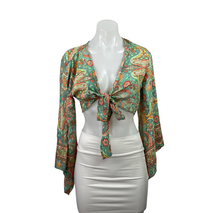 Womens Green Red Floral Paisley Print Bell Sleeve Tie Front Crop Blouse Top Sz S