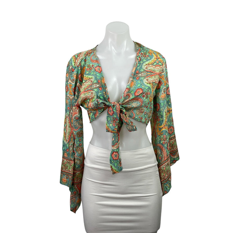 Womens Green Red Floral Paisley Print Bell Sleeve Tie Front Crop Blouse Top Sz S