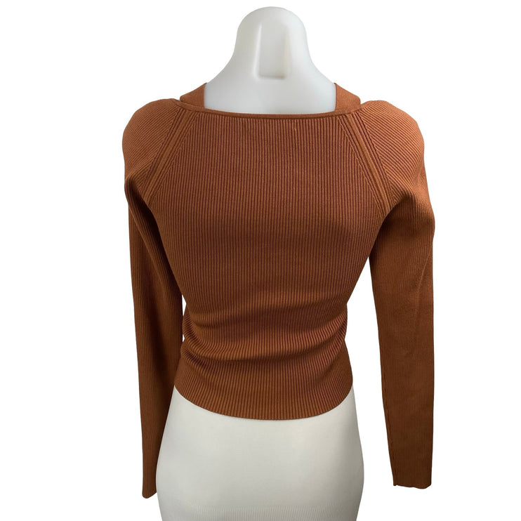 Intermix Naria Brown Long Sleeve Cut-Out Ribbed Knit Cropped Sweater Top Size S