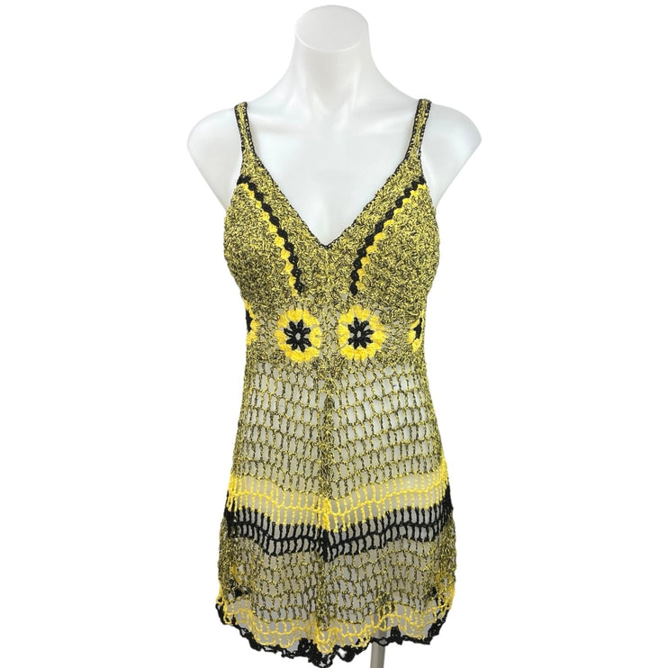 Women's Yellow Floral Crochet Handmade Boho Beach Cover Up Mini Dress Size S