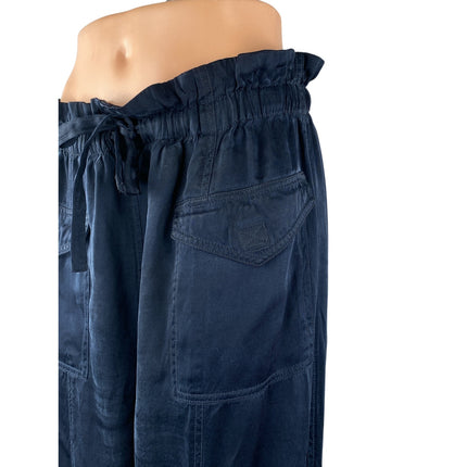 Ganni Blue Washed Twill Satin High Rise Paperbag Cargo Jogger Trousers Pants 42