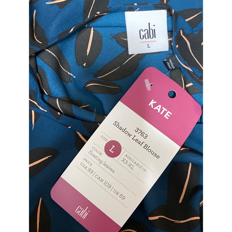 NEW Cabi Kate Shadow Leaf Women's Teal Blue V Neck Long Bell Sleeve Blouse Top L
