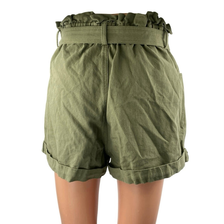 Aqua Women's Green High Waisted Belted Pocket Casual Paperbag Mini Shorts Size S