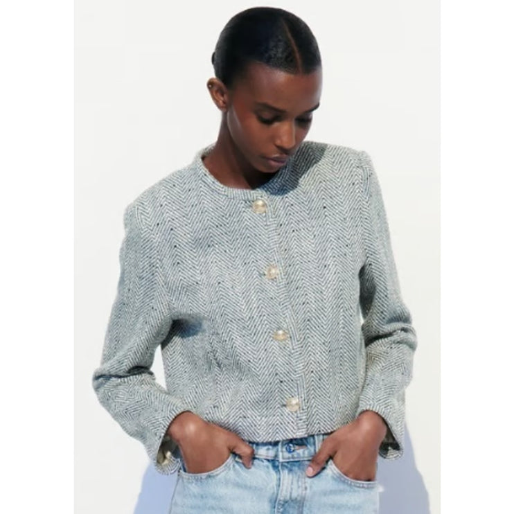 Zara Women's Blue Herringbone Gold Button Long Sleeve Cropped Blazer Jacket S