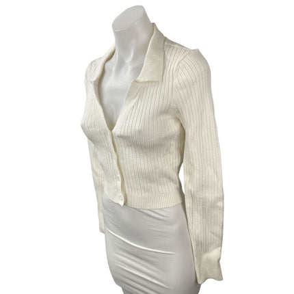 Emory Park Women's Cream Ivory Ribbed Knit Cropped Button Up Cardigan Top Size M