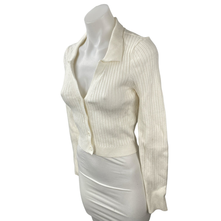 Emory Park Women's Cream Ivory Ribbed Knit Cropped Button Up Cardigan Top Size M