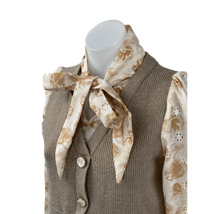 Alice Blue Brown Floral Long Sleeve Blouse Ribbed Sweater Vest Layered Top Sz M