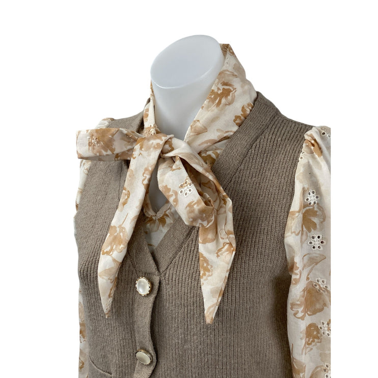 Alice Blue Brown Floral Long Sleeve Blouse Ribbed Sweater Vest Layered Top Sz M