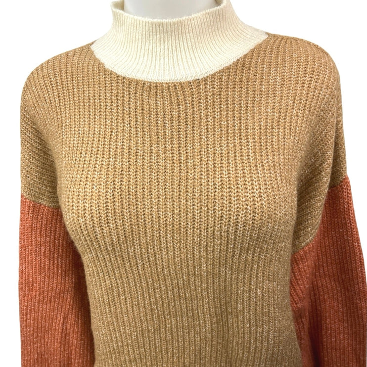 NEW Primark Brown Tan Colorblock Mock Neck Chunky Knit Pullover Sweater Top L