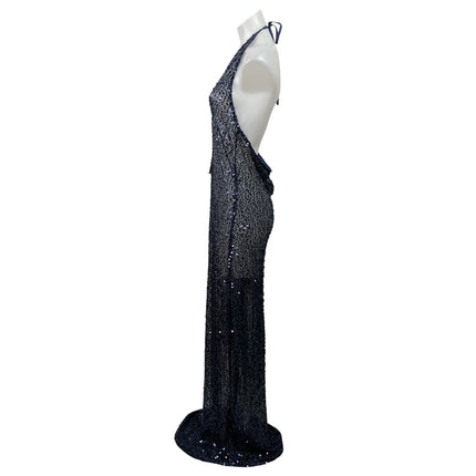 PrettyLittleThing Blue Sheer Sequin Plunge Halter Cutout Maxi Dress Size 12 Tall