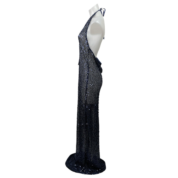 PrettyLittleThing Blue Sheer Sequin Plunge Halter Cutout Maxi Dress Size 12 Tall