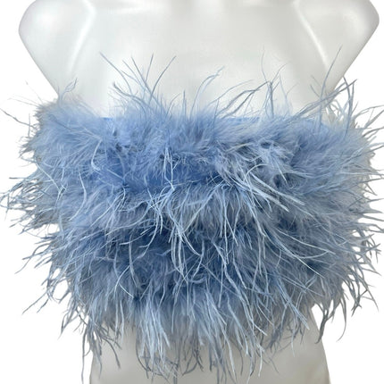 Fashion Nova Blue Feather Fuzzy Strapless Bandeau Bustier Crop Tube Top Size S