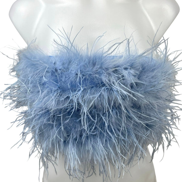 Fashion Nova Blue Feather Fuzzy Strapless Bandeau Bustier Crop Tube Top Size S