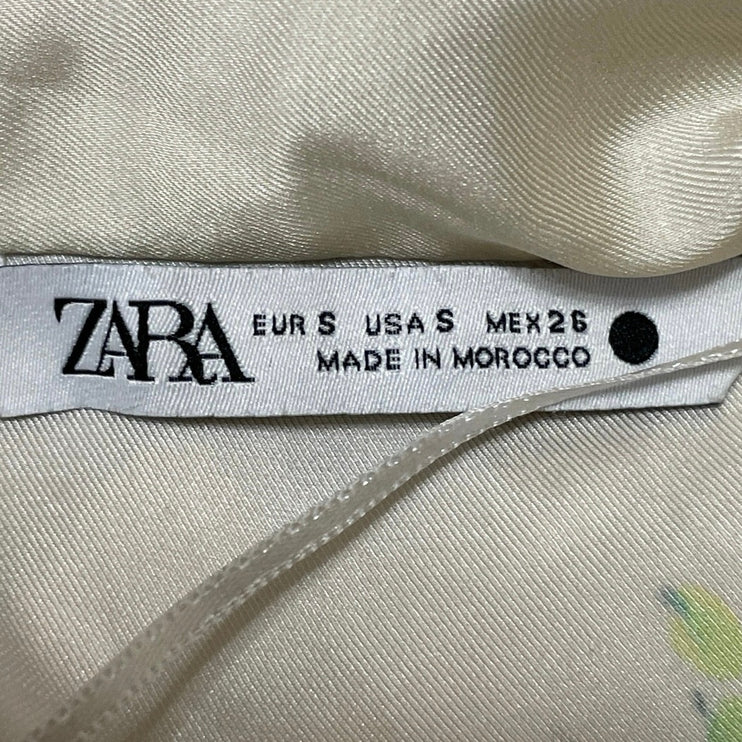Zara Women's Cream Silk Satin Floral Long Sleeve Button Down Shirt Pajama Size S