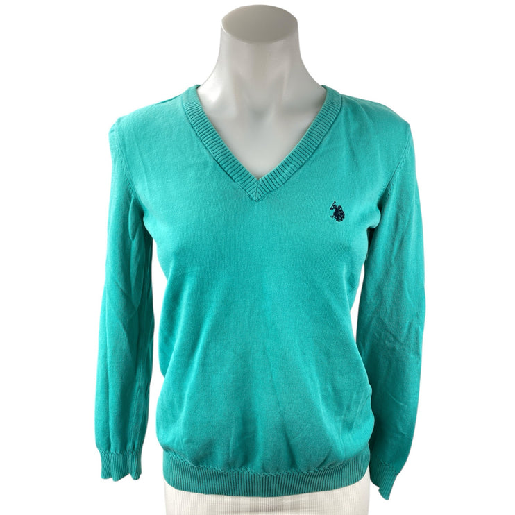 US Polo Assn Women's Teal Blue Logo V Neck Long Sleeve T Shirt Tee Top Size M