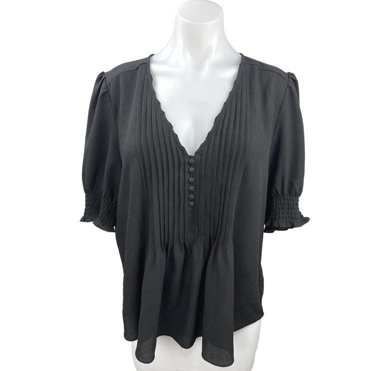 1.State Black Button Pintucked Smocked Puff Sleeve V Neck Blouse Top Size XL