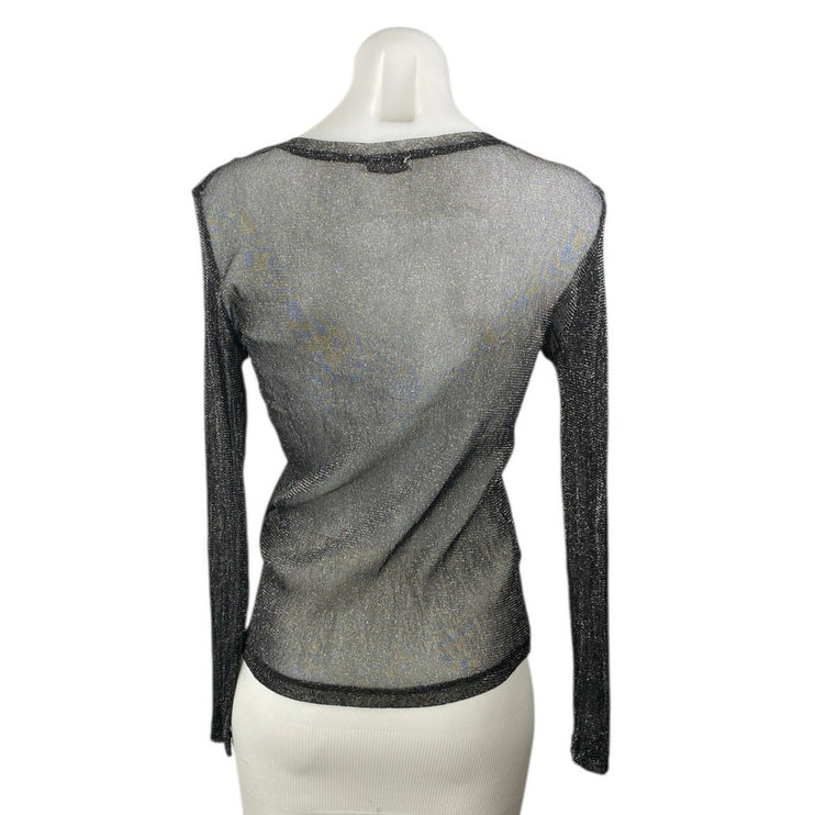 Zara Trafaluc Women's Black Sheer Mesh Glitter Sparkly Long Sleeve Blouse Top S