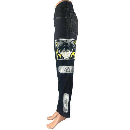 Women's Black Naruto Patchworks High Waisted Straight Leg Denim Jeans Pants 36