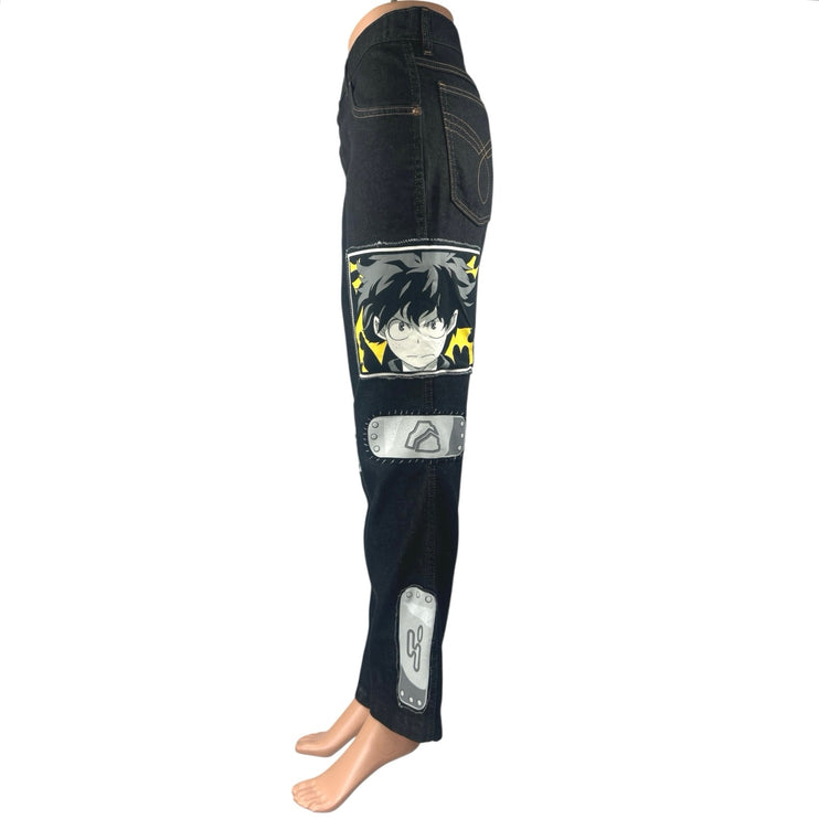Women's Black Naruto Patchworks High Waisted Straight Leg Denim Jeans Pants 36