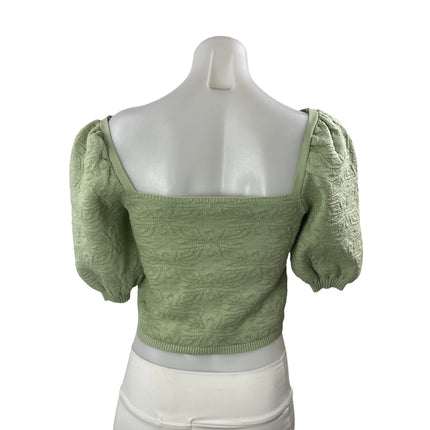 ZARA Light Green Jacquard Knit Short Puff Sleeve Square Neck Crop Blouse Top S