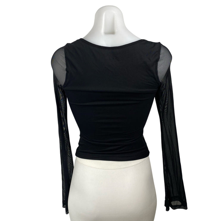 Princess Polly Women's Black Sheer Mesh Long Sleeve Tie Neck Crop Blouse Top 2