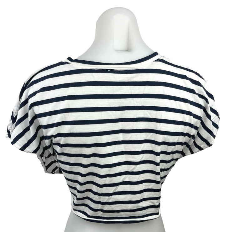 Zara Blue White Striped Print Crewneck Bow Tie Casual Crop T-Shirt Top Tee Sz M