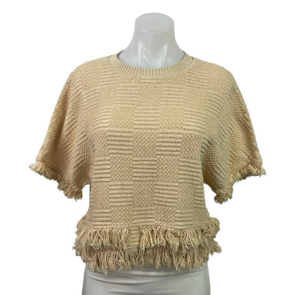 Zara Cream Beige Knit Textured Fringe Crew Neck Boho Short Sleeve Sweater Size M