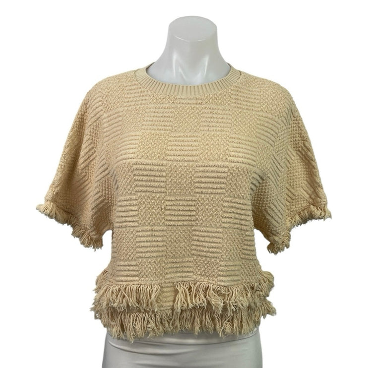 Zara Cream Beige Knit Textured Fringe Crew Neck Boho Short Sleeve Sweater Size M